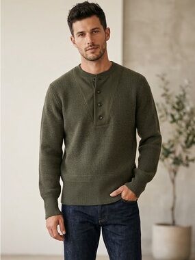 J Brand Olive Green Crewneck Henley Merino Wool Sweater Medium